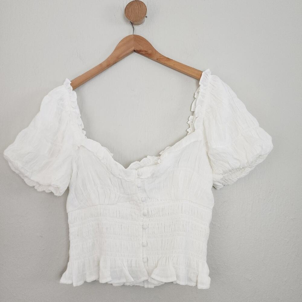 ASTR the Label Anza White Smocked Ruffle Puff Sleeve Crop Top NWOT M